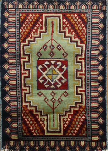 Vibrant Geometric Pattern Green Kazak Rug with Bold Red Accents 2'x3'