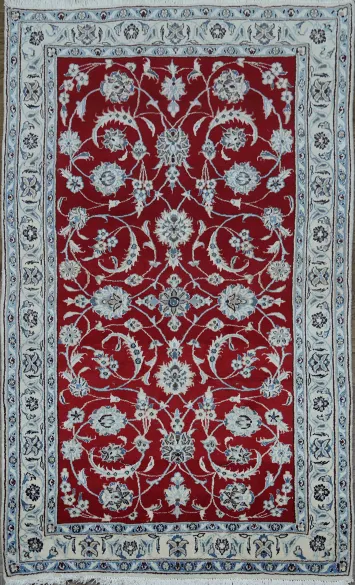Floral Red Nain Persian Hand-Knotted 4x7 Wool Area Rug