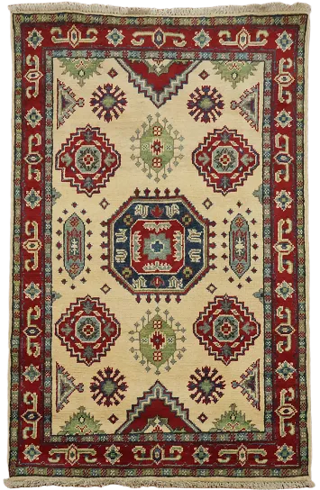 Authentic Kazak Cream and Red Rug with Traditional Tribal Designs 3x4