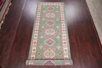 Sophisticated Green Kazak Runner Rug with Traditional Border Design 5x20
