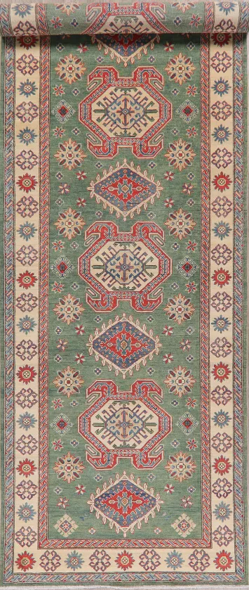 Sophisticated Green Kazak Runner Rug with Traditional Border Design 5x20