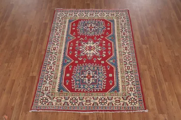 Red Super Kazak Chechen Oriental Wool Rug 4x6