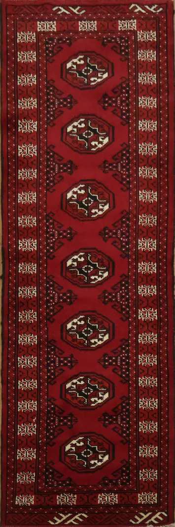 Hand-Knotted Bokhara Red Runner Features Authentic Tribal Motifs 2'x6'