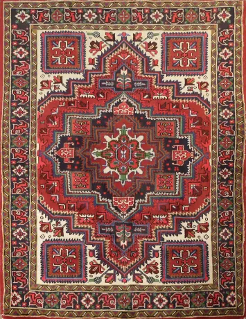 Geometric Tribal Deep Red and Navy Heriz Persian Area Rug 5x7