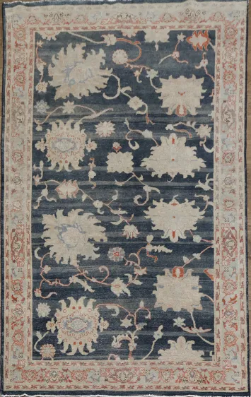 Vintage-Inspired Floral Navy Blue Oushak Turkish Rug with Delicate Border Accents 6x9
