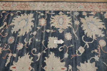 Vintage-Inspired Floral Navy Blue Oushak Turkish Rug with Delicate Border Accents 6x9