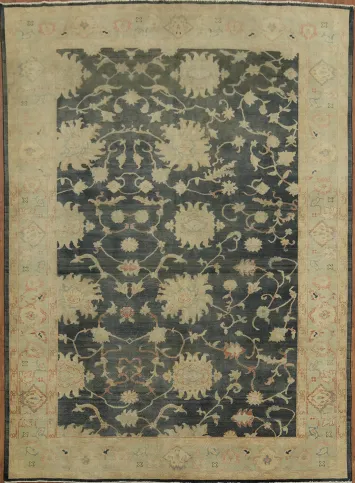 Antique Floral Dark Charcoal Oushak Turkish Area Rug 9x12