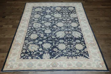 Vintage Style All-Over Navy and Pink Oushak Turkish Large Rug 10x13