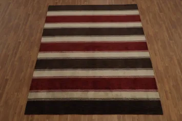 Elegant Gabbeh Area Rug 8x10 with Rich Red and Brown Stripes