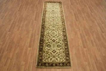 Beige and Burgundy Narrow Runner Rug with Intricate Botanical Design 2x9