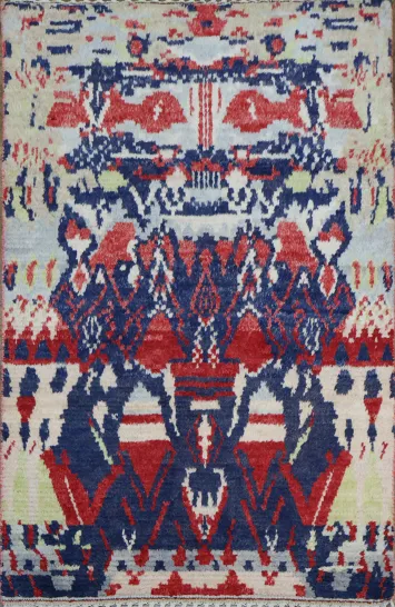 Contemporary Abstract Rug in Red, Blue, and Cream Hues 4x6