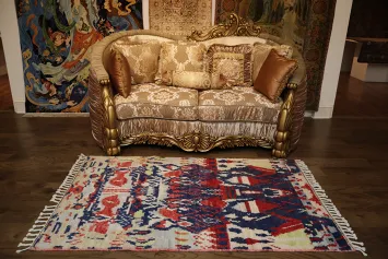 Contemporary Abstract Rug in Red, Blue, and Cream Hues 4x6