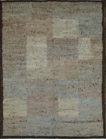 Contemporary Moroccan Shaggy Patchwork Rug with Earthy Beige and Blue Tones 6x8