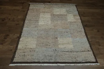 Contemporary Moroccan Shaggy Patchwork Rug with Earthy Beige and Blue Tones 6x8