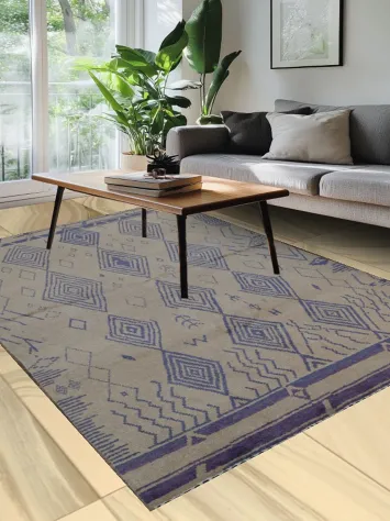 Beige and Blue-Diamond Tribal Art Rug Perfect for Living Areas 6x9