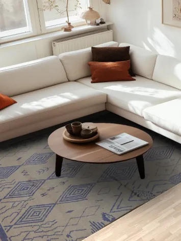 Beige and Blue-Diamond Tribal Art Rug Perfect for Living Areas 6x9