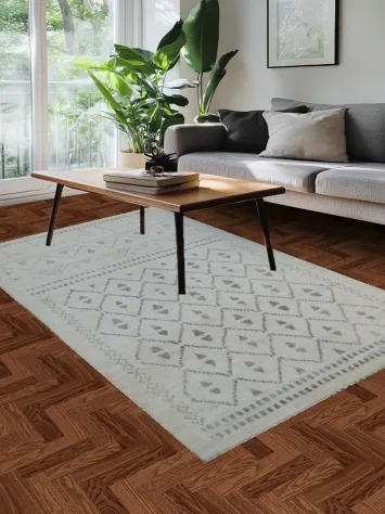 Stylish Minimalist Ivory and Gray Moroccan Rug with Intricate Diamond Pattern 5x8