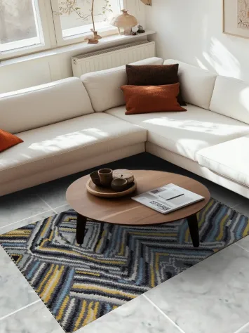 Vibrant Waves: Contemporary Blue and Yellow Patterned Rug 4x6