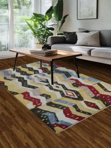 Vibrant Zigzag Pattern Moroccan Rug in Earthy Tones and Bold Accents 5x8