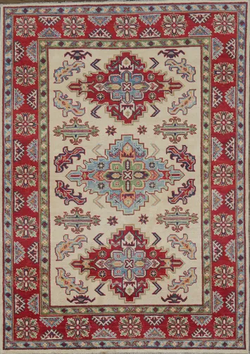 Elegant Red and Ivory Kazak Tribal Rug Geometric Design 4x6