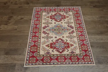 Elegant Red and Ivory Kazak Tribal Rug Geometric Design 4x6