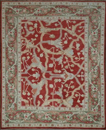Luxurious Traditional Red Oushak Turkish Rug with Green Border
