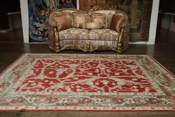 Luxurious Traditional Red Oushak Turkish Rug with Green Border