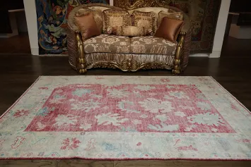 Elegant Floral Red Oushak Turkish Rug with Timeless Vintage Aesthetic and Soft Hues 6x9