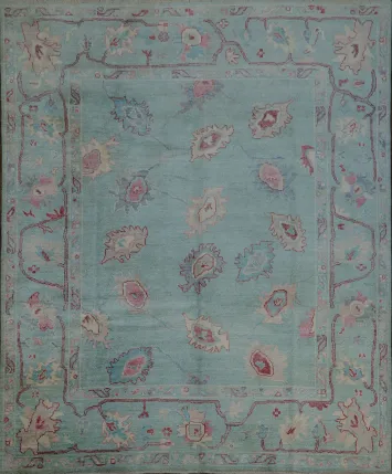 Elegant Blue Floral Oushak Turkish Rug with Pastel Pink Tone 8x10