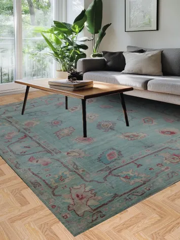 Elegant Blue Floral Oushak Turkish Rug with Pastel Pink Tone 8x10
