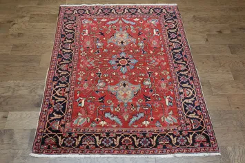 Vegetable Dye Antique Heriz Serapi Persian Red and Blue Rug 5x6