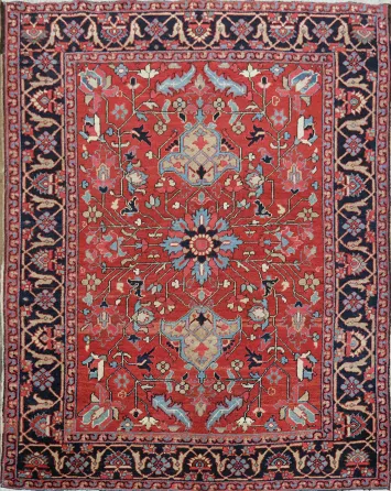 Vegetable Dye Antique Heriz Serapi Persian Red and Blue Rug 5x6