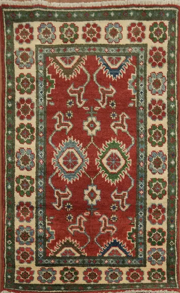 Stylish red and green rug with classic decorative elements 2x3