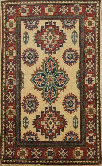 Geometric Beige and Red Kazak Wool Rug 2x3