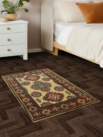 Geometric Beige and Red Kazak Wool Rug 2x3