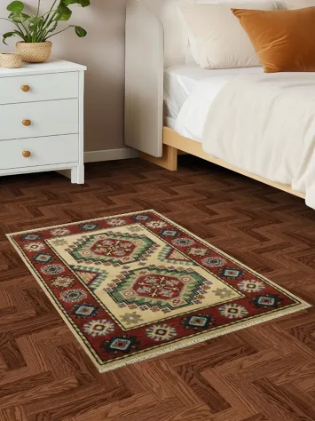 Geometric Red Green and Beige Kazak Wool Rug 2x3