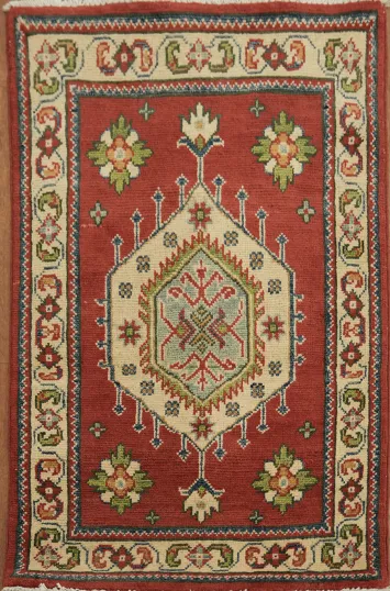 Vibrant Red Kazak Foyer Rug with Detailed Centerpiece and Border Patterns 2x3