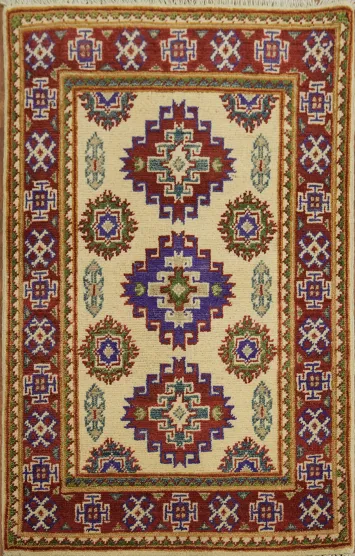 Vintage-Inspired Handmade Red and Beige Kazak Foyer Rug 2x3