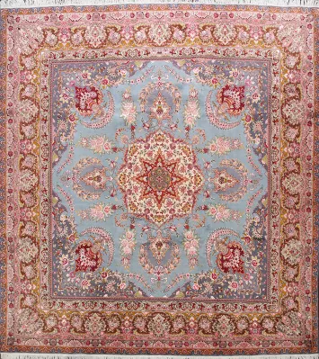 Light Blue Floral Tabriz Square Persian Rug 10x10