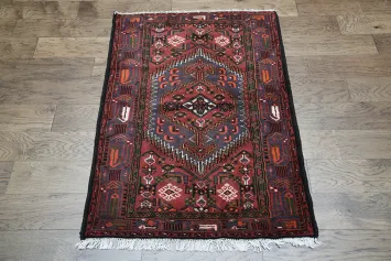 Geometric Tribal Deep Red Hamedan Persian Rug 3x5