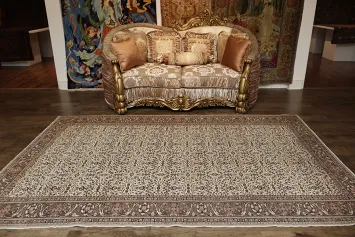 Vintage Floral Pattern Turkish Rug with Classic Brown Border Design 7x10