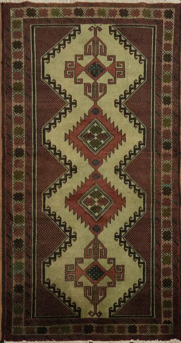 Authentic Vintage Style Balouch Afghan Rug with Red and Green Tones 3x6