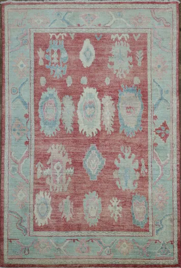 Chic Red and Aqua Oushak Turkish Rug for Modern Aesthetic Decor 6x9