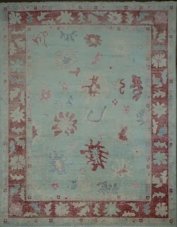 Seafoam Green Oushak Turkish Rug in red and pink tones  9x12