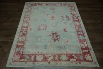 Seafoam Green Oushak Turkish Rug in red and pink tones  9x12