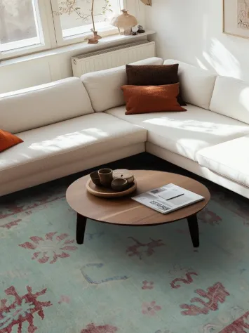 Seafoam Green Oushak Turkish Rug in red and pink tones  9x12