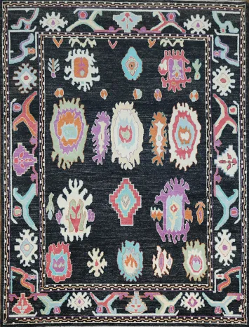 Bright and Whimsical Black Oushak Turkish Rug with Abstract Elements 8x11