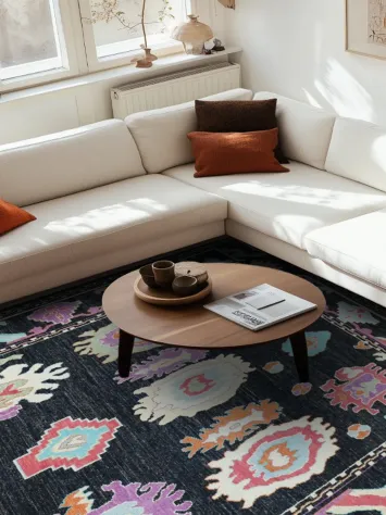 Bright and Whimsical Black Oushak Turkish Rug with Abstract Elements 8x11