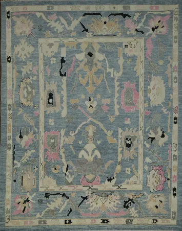 Elegant Grey Blue and Pink Oushak Turkish Rug with Traditional Design Motifs