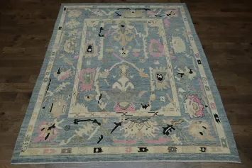 Elegant Grey Blue and Pink Oushak Turkish Rug with Traditional Design Motifs
